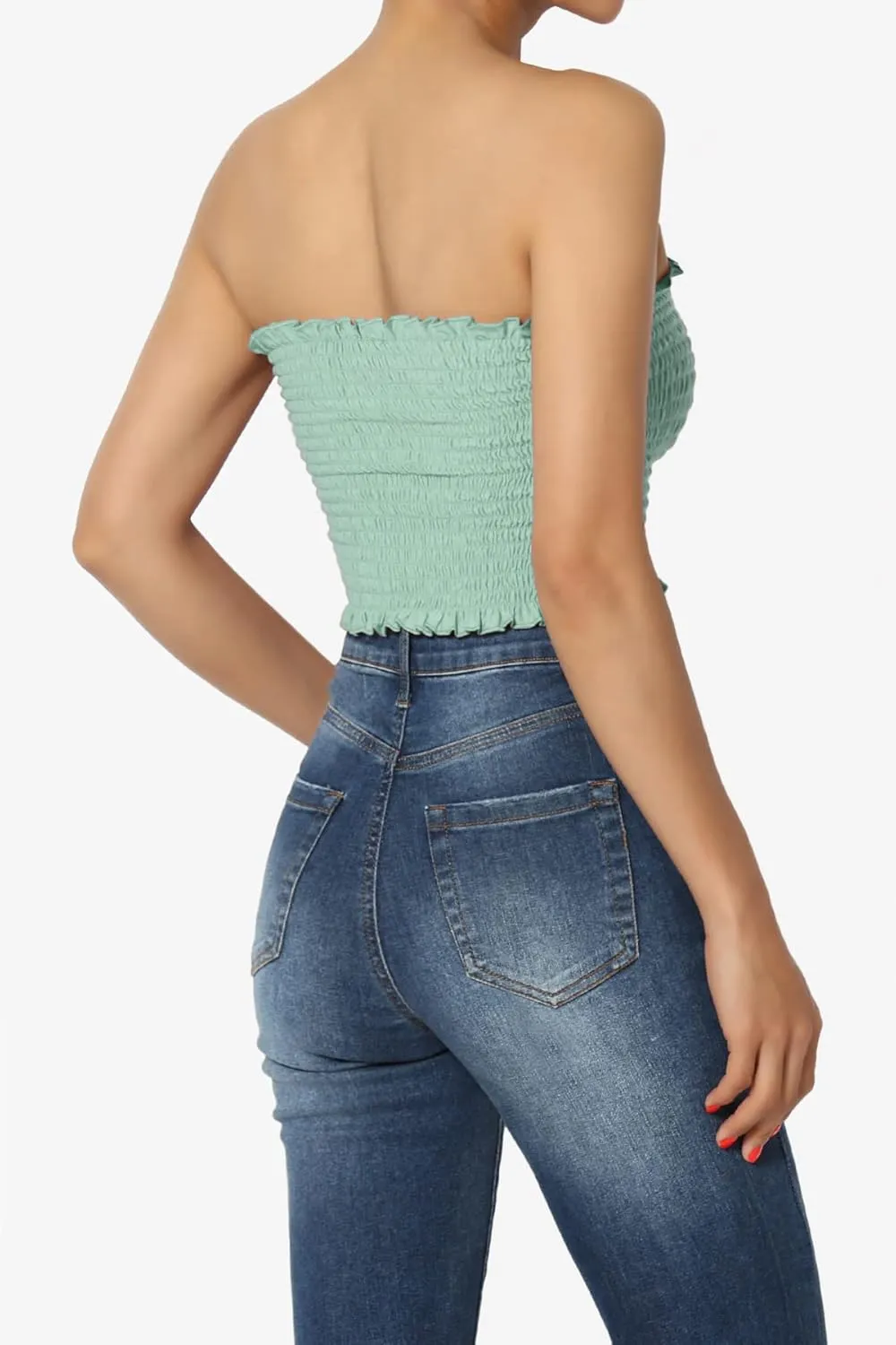 TheMogan Strapless Smocked Crop Tube Top Frill Shirred Stretch Bustier Bandeau
