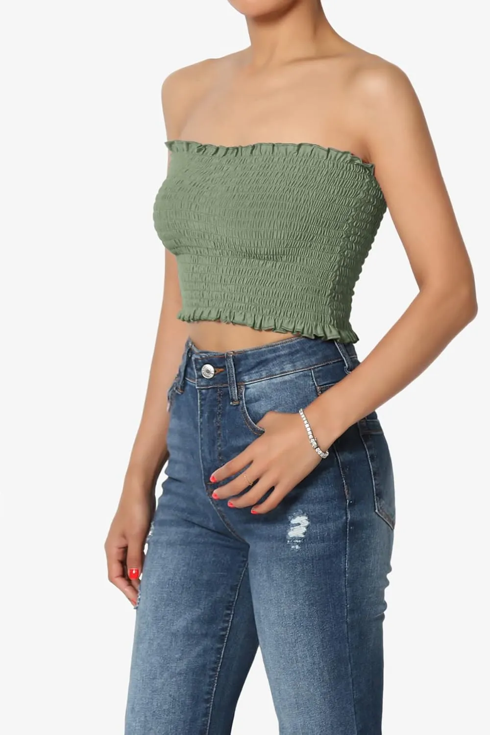 TheMogan Strapless Smocked Crop Tube Top Frill Shirred Stretch Bustier Bandeau