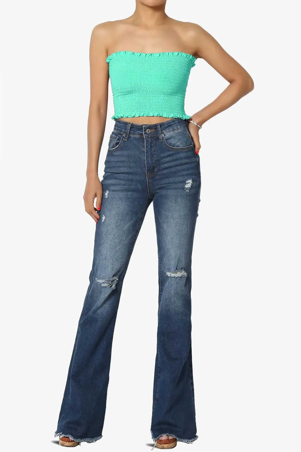 TheMogan Strapless Smocked Crop Tube Top Frill Shirred Stretch Bustier Bandeau