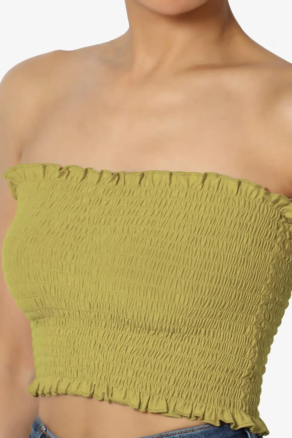TheMogan Strapless Smocked Crop Tube Top Frill Shirred Stretch Bustier Bandeau