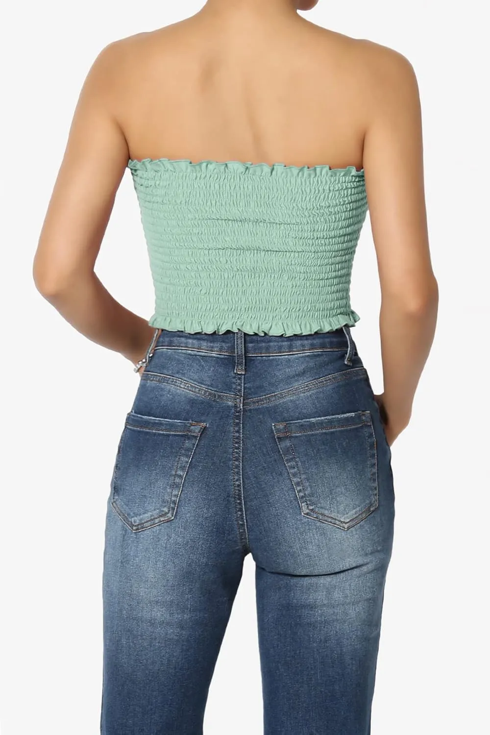 TheMogan Strapless Smocked Crop Tube Top Frill Shirred Stretch Bustier Bandeau