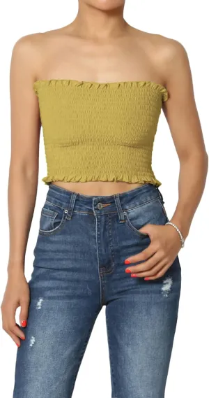 TheMogan Strapless Smocked Crop Tube Top Frill Shirred Stretch Bustier Bandeau