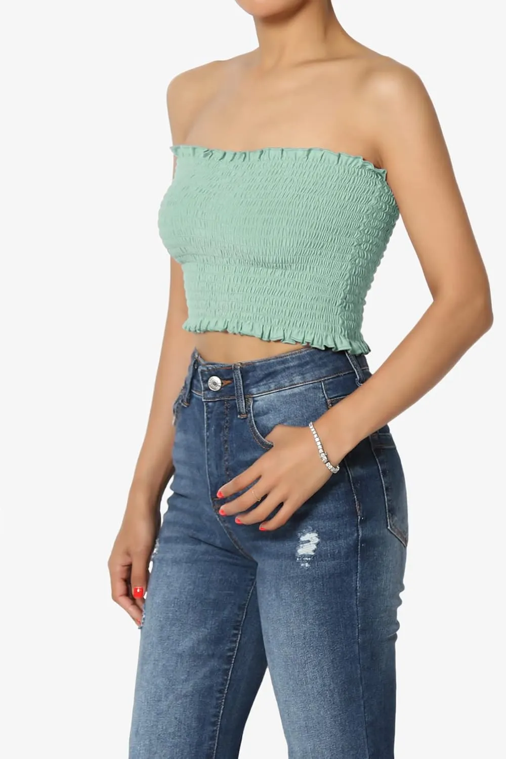 TheMogan Strapless Smocked Crop Tube Top Frill Shirred Stretch Bustier Bandeau
