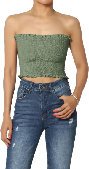 TheMogan Strapless Smocked Crop Tube Top Frill Shirred Stretch Bustier Bandeau