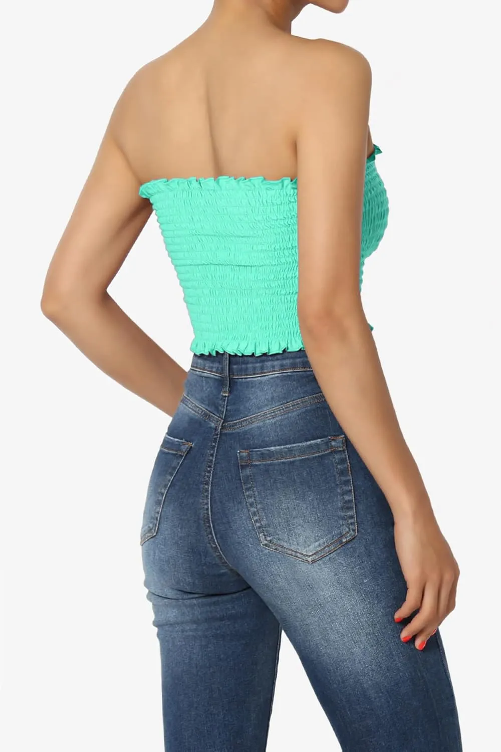 TheMogan Strapless Smocked Crop Tube Top Frill Shirred Stretch Bustier Bandeau