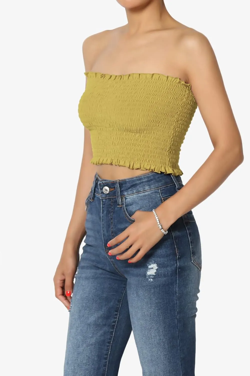 TheMogan Strapless Smocked Crop Tube Top Frill Shirred Stretch Bustier Bandeau
