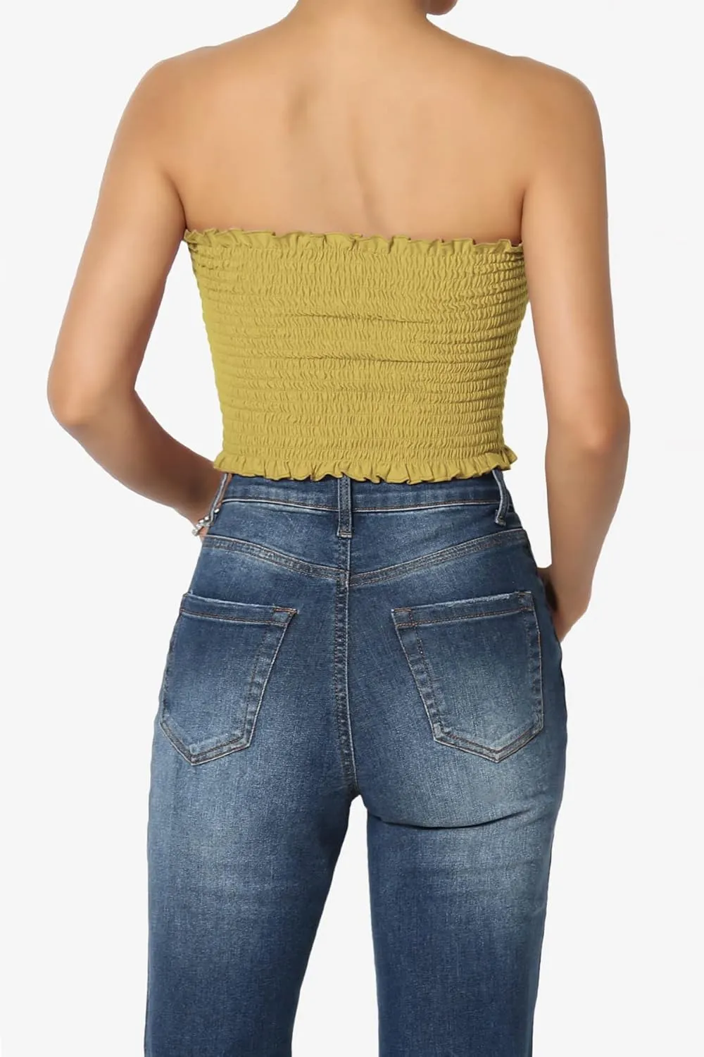 TheMogan Strapless Smocked Crop Tube Top Frill Shirred Stretch Bustier Bandeau