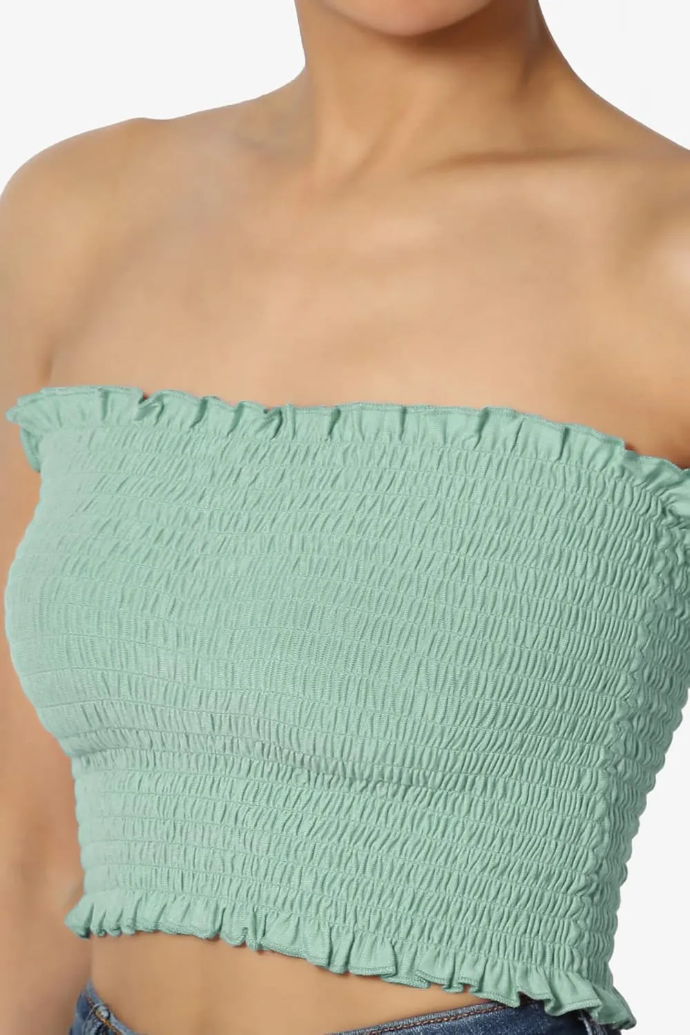 TheMogan Strapless Smocked Crop Tube Top Frill Shirred Stretch Bustier Bandeau