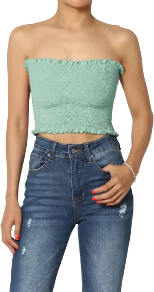 TheMogan Strapless Smocked Crop Tube Top Frill Shirred Stretch Bustier Bandeau
