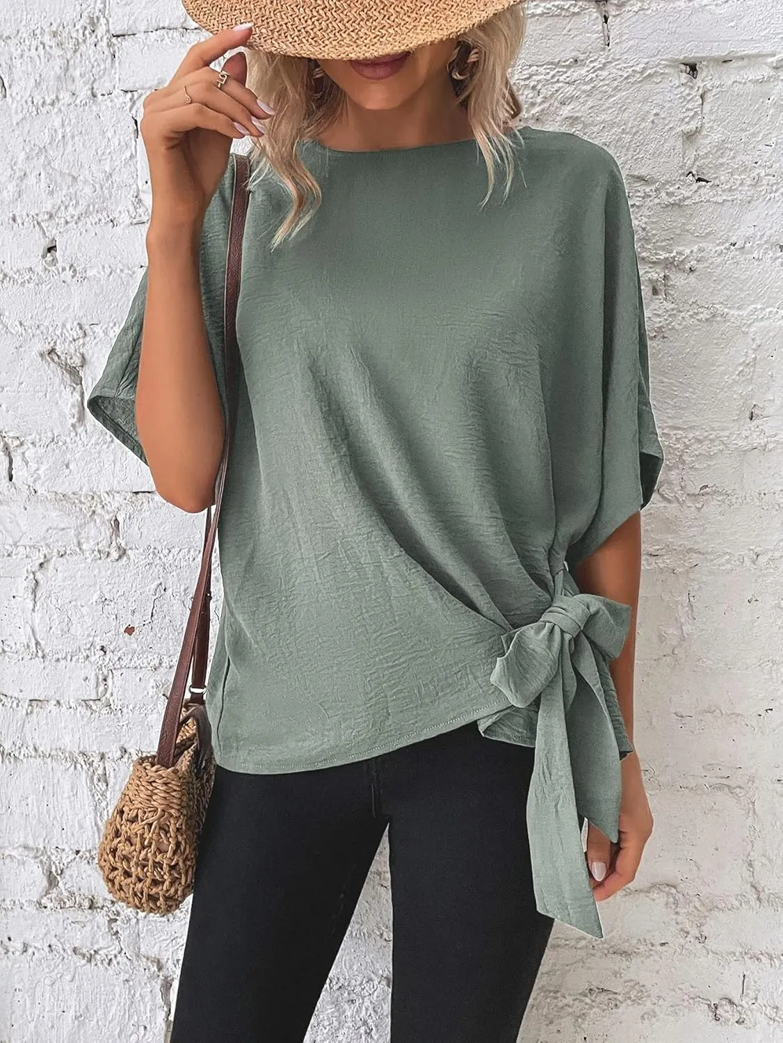 Verdusa Women's Batwing Sleeve Knot Side Round Neck Blouse Shirt Top