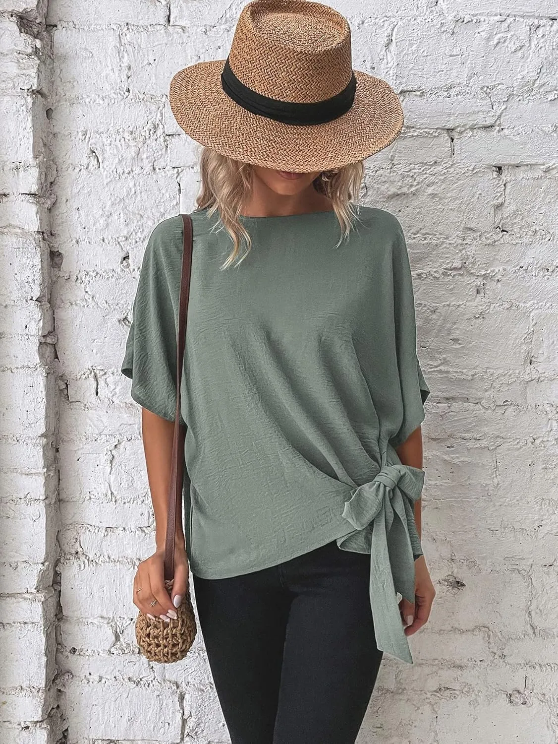 Verdusa Women's Batwing Sleeve Knot Side Round Neck Blouse Shirt Top
