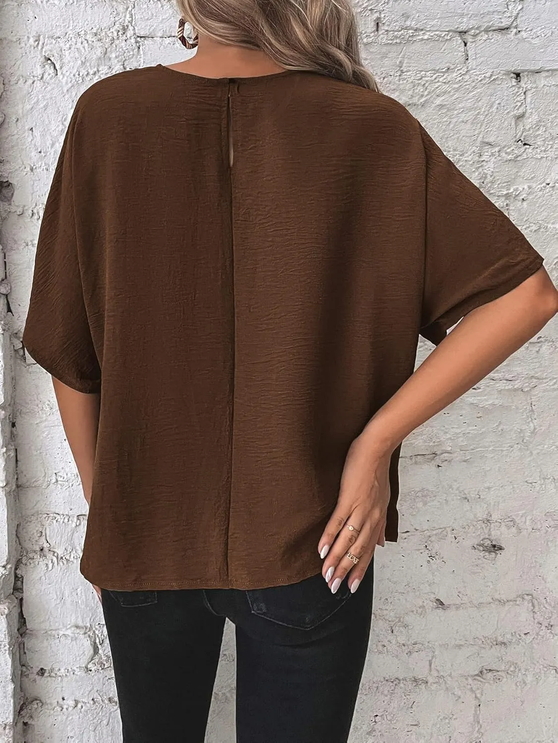 Verdusa Women's Batwing Sleeve Knot Side Round Neck Blouse Shirt Top