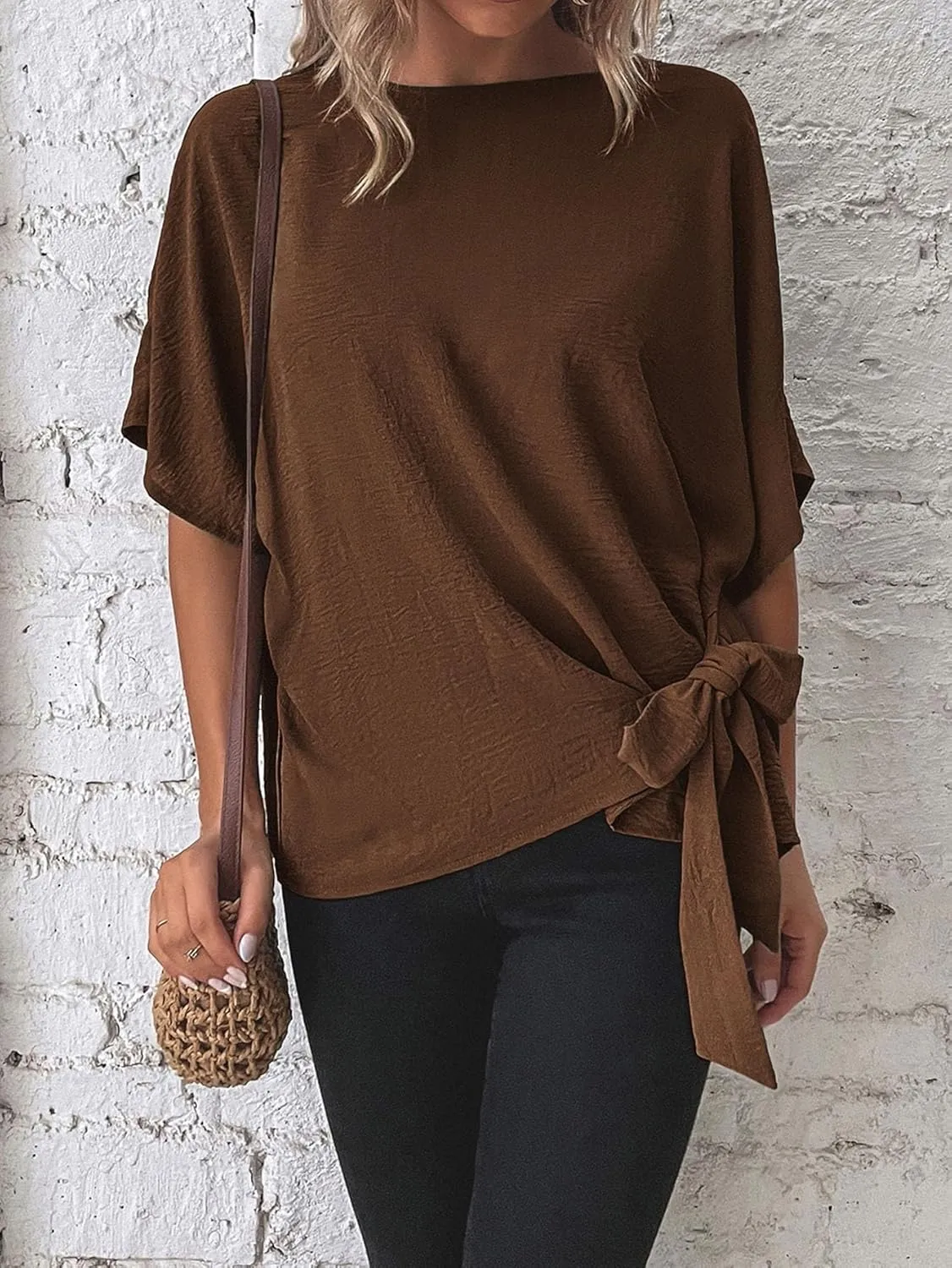 Verdusa Women's Batwing Sleeve Knot Side Round Neck Blouse Shirt Top