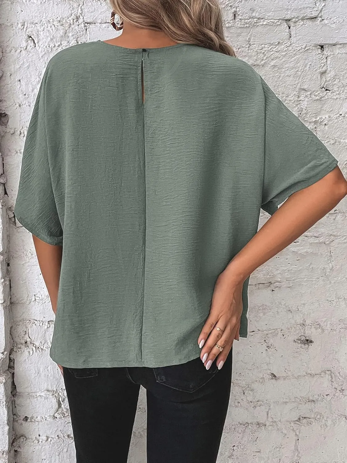 Verdusa Women's Batwing Sleeve Knot Side Round Neck Blouse Shirt Top