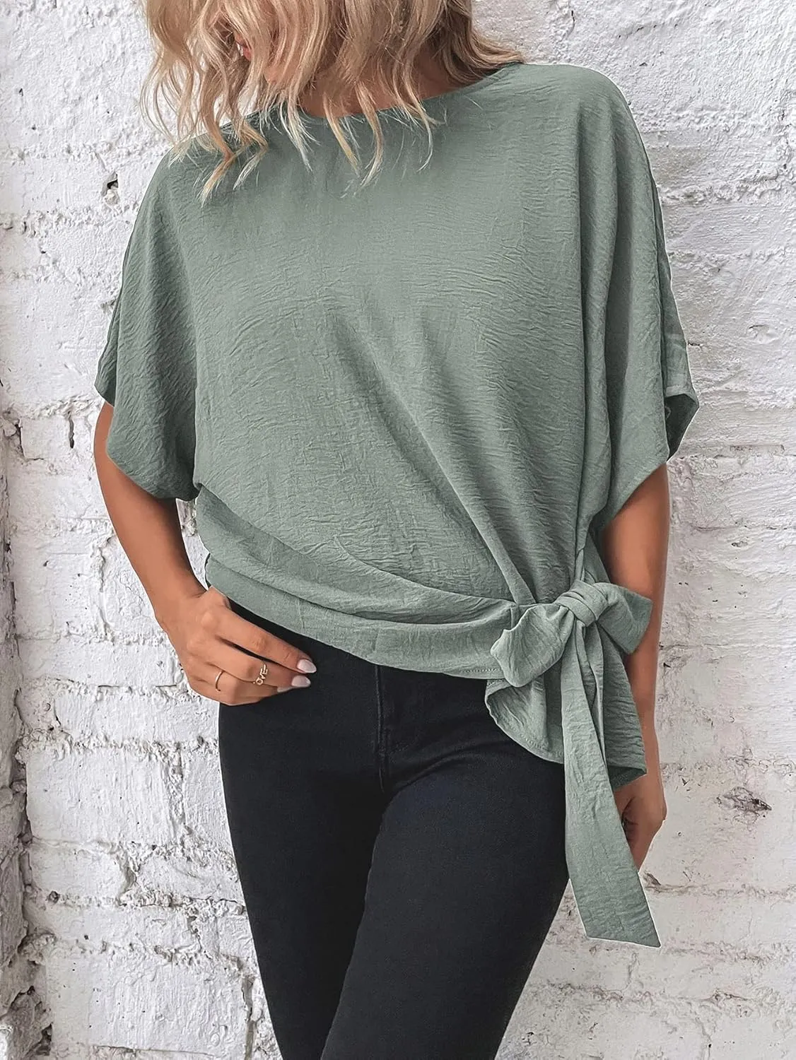 Verdusa Women's Batwing Sleeve Knot Side Round Neck Blouse Shirt Top