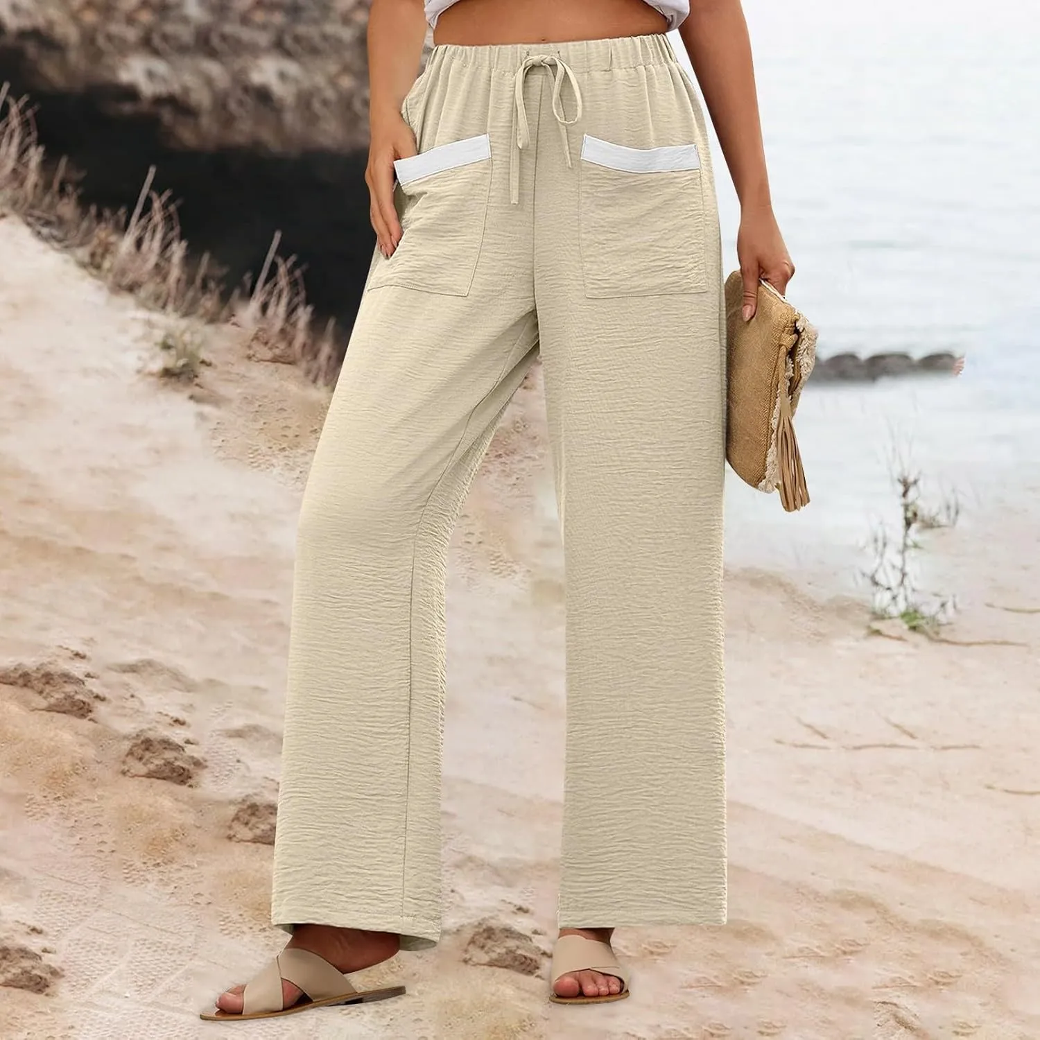 Wide Leg Pants Woman Summer Casual Flowly Slacks Trousers Beach Linen Solid Low Waist Travel Outfits with Pockets