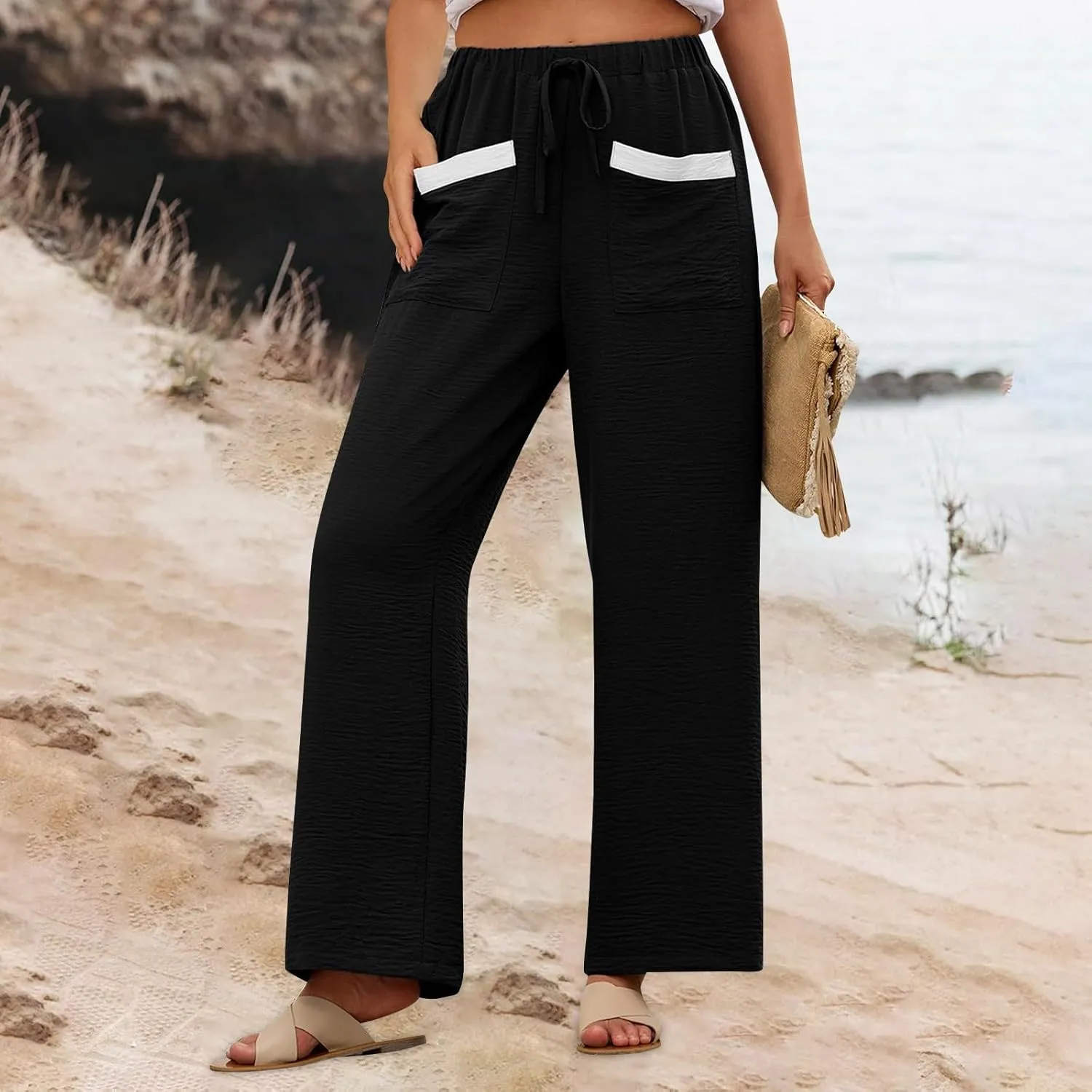 Wide Leg Pants Woman Summer Casual Flowly Slacks Trousers Beach Linen Solid Low Waist Travel Outfits with Pockets