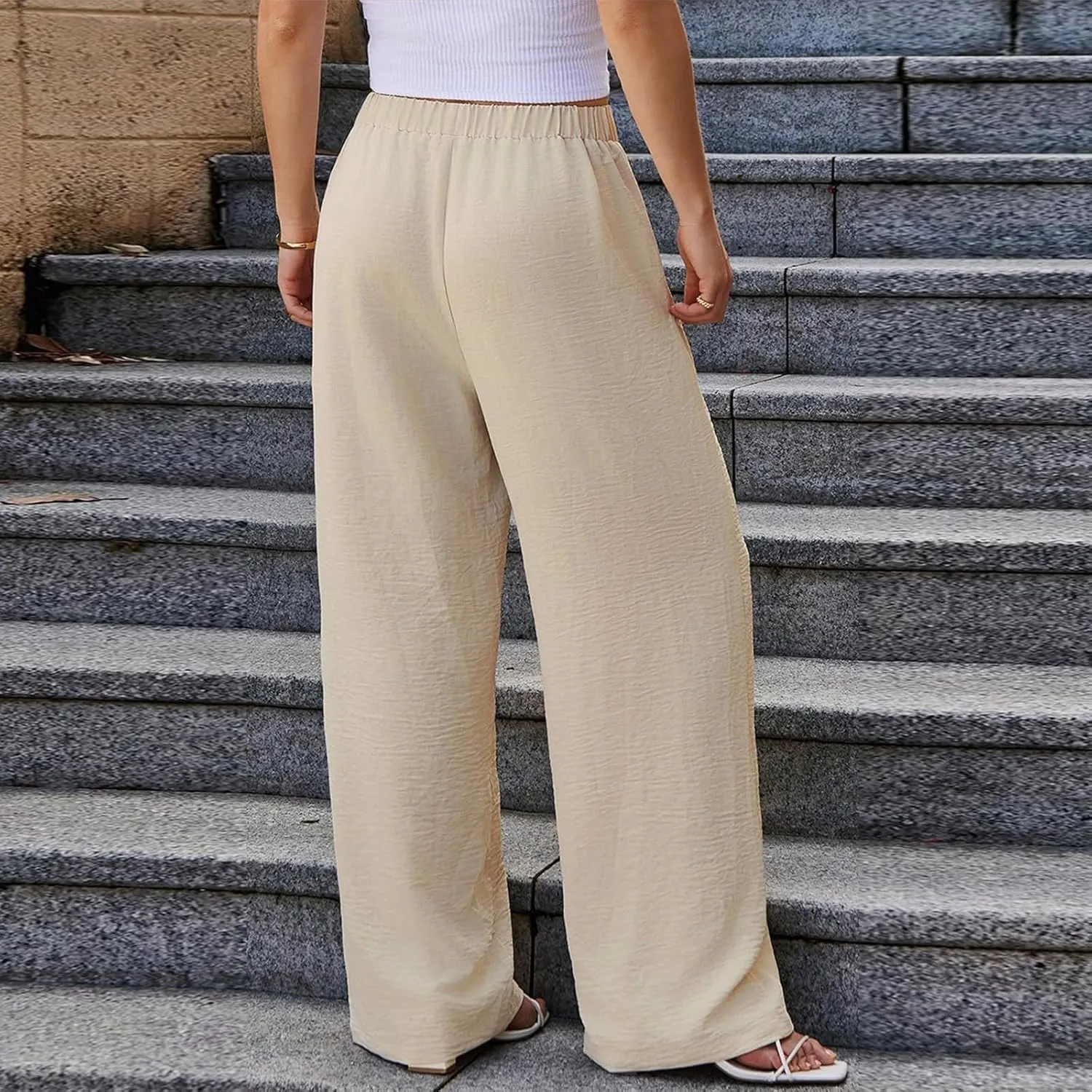 Wide Leg Pants Woman Summer Casual Flowly Slacks Trousers Beach Linen Solid Low Waist Travel Outfits with Pockets
