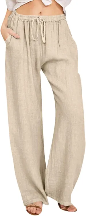 Wide Leg Pants Woman Summer Casual Flowly Slacks Trousers Beach Linen Solid Low Waist Travel Outfits with Pockets