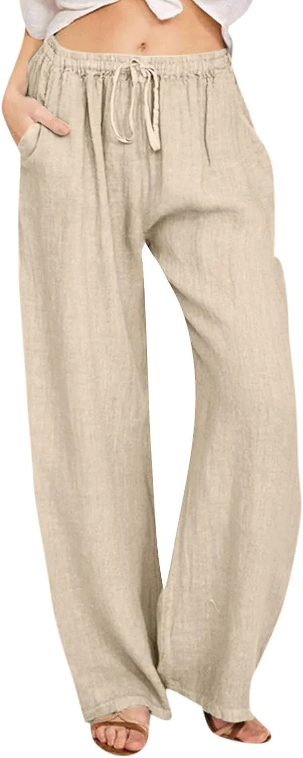 Wide Leg Pants Woman Summer Casual Flowly Slacks Trousers Beach Linen Solid Low Waist Travel Outfits with Pockets