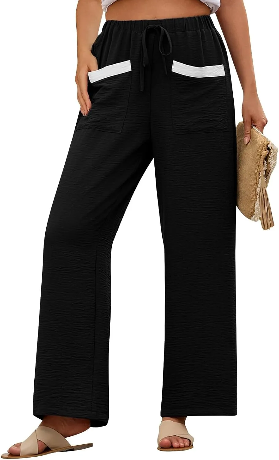 Wide Leg Pants Woman Summer Casual Flowly Slacks Trousers Beach Linen Solid Low Waist Travel Outfits with Pockets