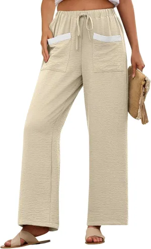Wide Leg Pants Woman Summer Casual Flowly Slacks Trousers Beach Linen Solid Low Waist Travel Outfits with Pockets