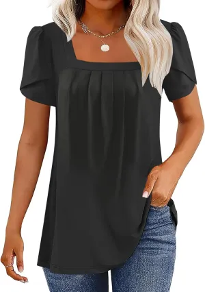 WNEEDU Womens T Shirts Casual Petal Short Sleeve Blouses Square Neck Summer Tops 2025 Pleated Tunic Loose Fit