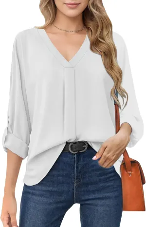 Womens 3/4 Cuffed Sleeve Blouses for Women Dressy Casual, V Neck Casual Blouse Shirt Tops 2024, Tunic Tops