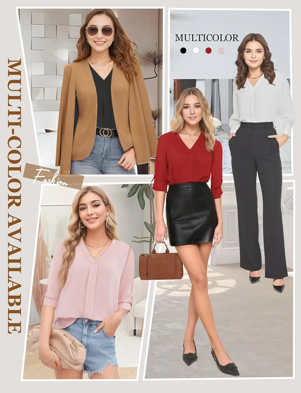 Womens 3/4 Cuffed Sleeve Blouses for Women Dressy Casual, V Neck Casual Blouse Shirt Tops 2024, Tunic Tops