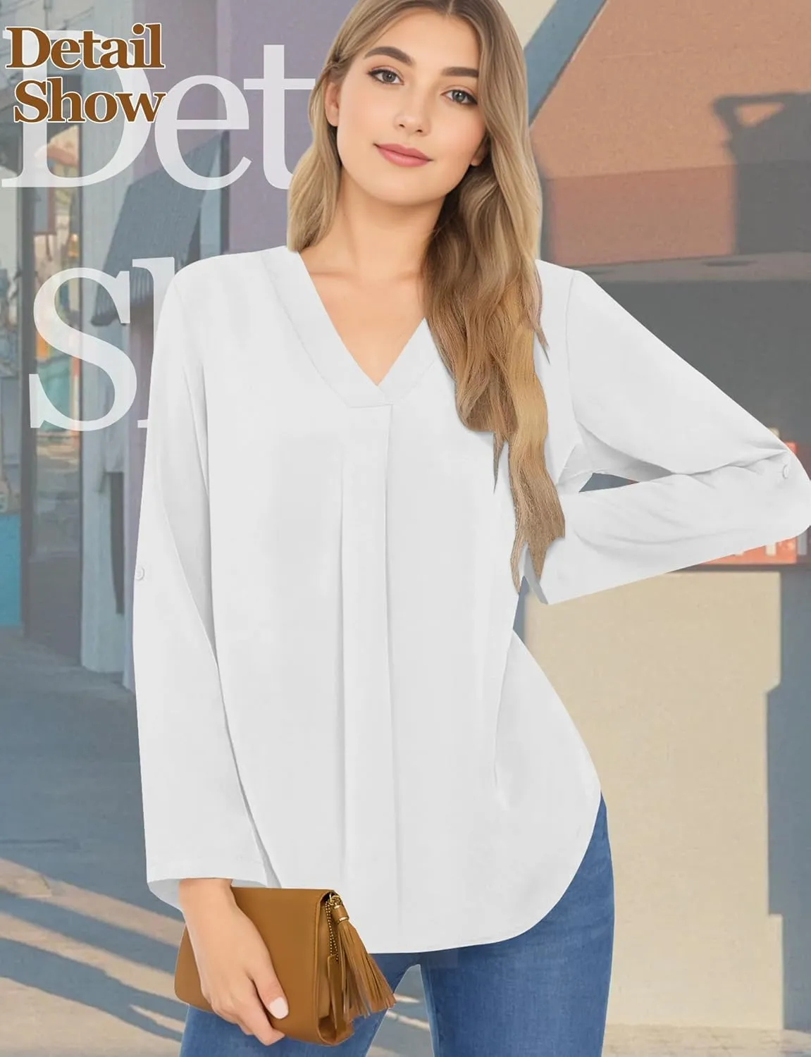 Womens 3/4 Cuffed Sleeve Blouses for Women Dressy Casual, V Neck Casual Blouse Shirt Tops 2024, Tunic Tops