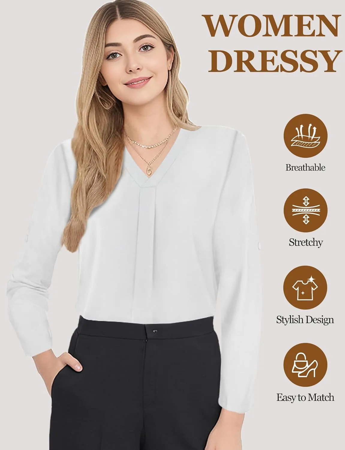 Womens 3/4 Cuffed Sleeve Blouses for Women Dressy Casual, V Neck Casual Blouse Shirt Tops 2024, Tunic Tops