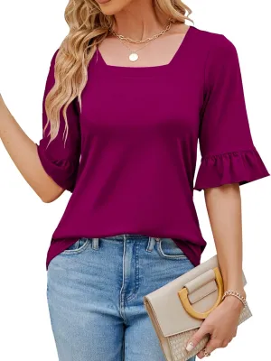 Womens 3/4 Sleeve Shirts Summer Square Neck Bell Sleeve Tops Business Casual Loose Tunic Work Dressy Blouses