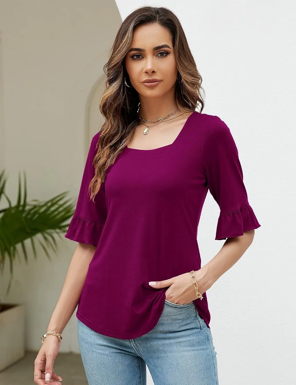 Womens 3/4 Sleeve Shirts Summer Square Neck Bell Sleeve Tops Business Casual Loose Tunic Work Dressy Blouses