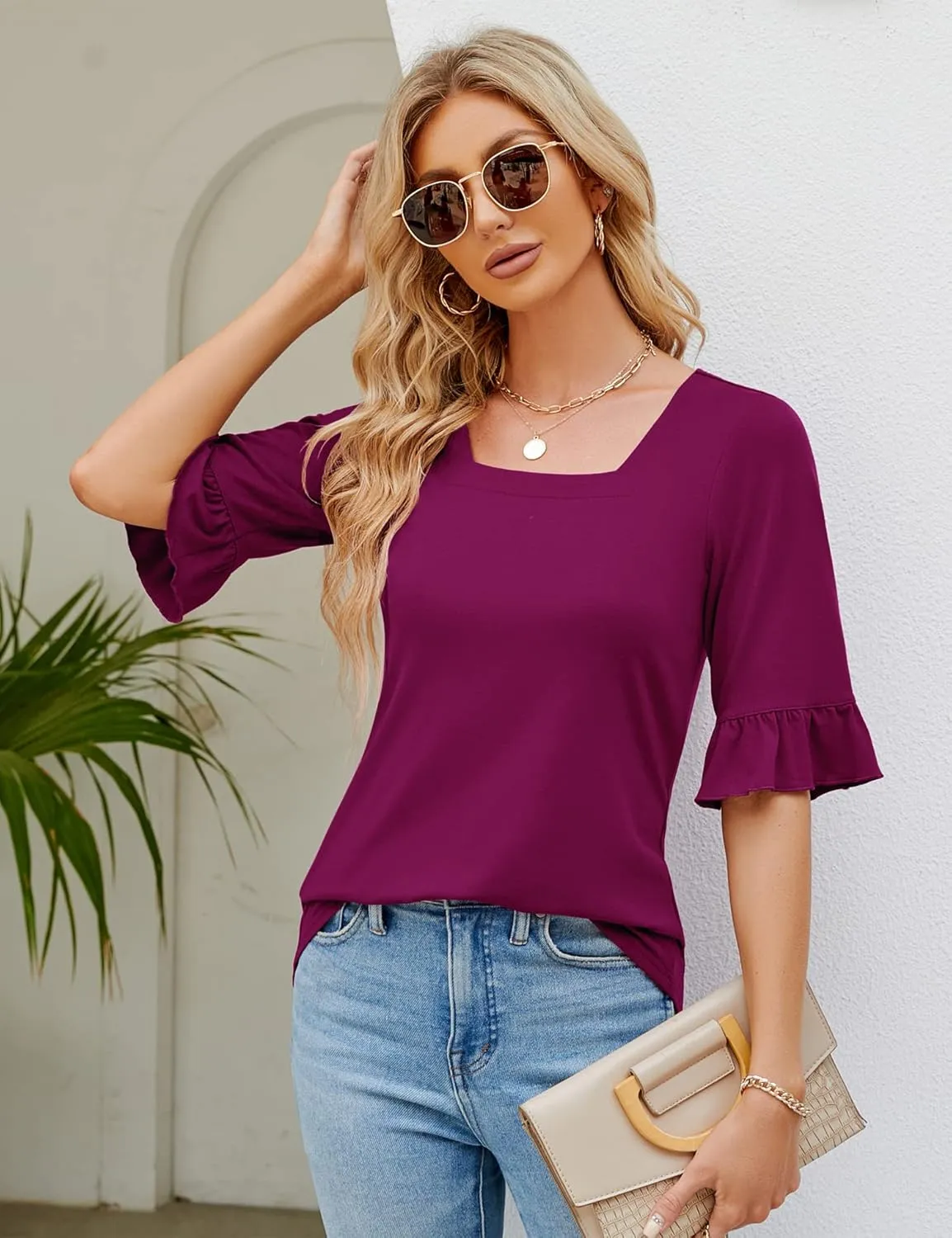 Womens 3/4 Sleeve Shirts Summer Square Neck Bell Sleeve Tops Business Casual Loose Tunic Work Dressy Blouses