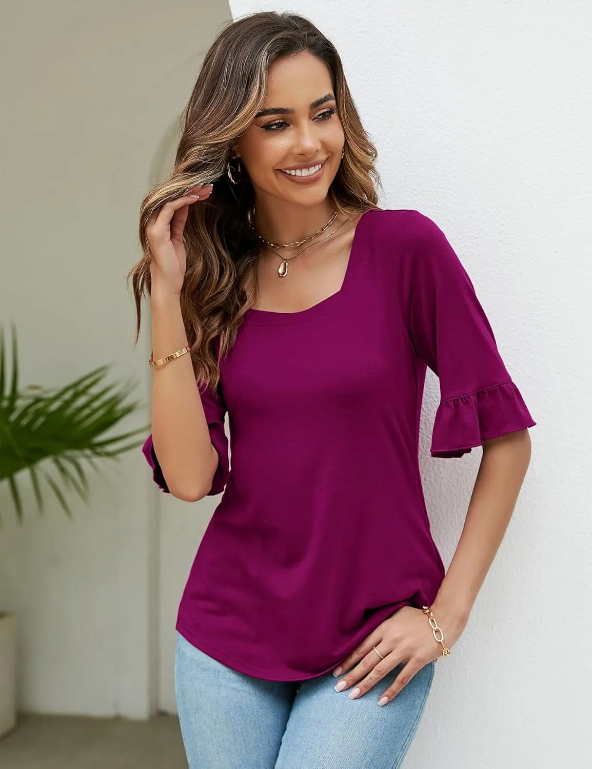Womens 3/4 Sleeve Shirts Summer Square Neck Bell Sleeve Tops Business Casual Loose Tunic Work Dressy Blouses