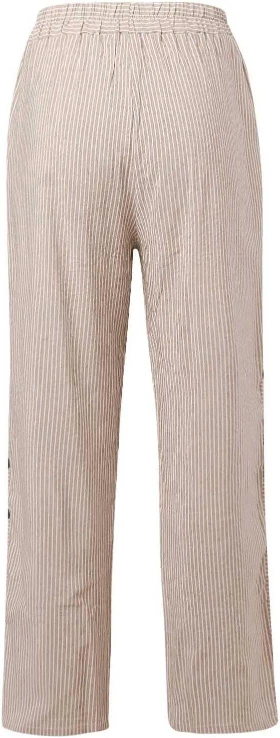 Women's Casual Pants Striped Side Button Elastic Waist Trendy Pants Straight Leg Baggy Trousers with Pockets