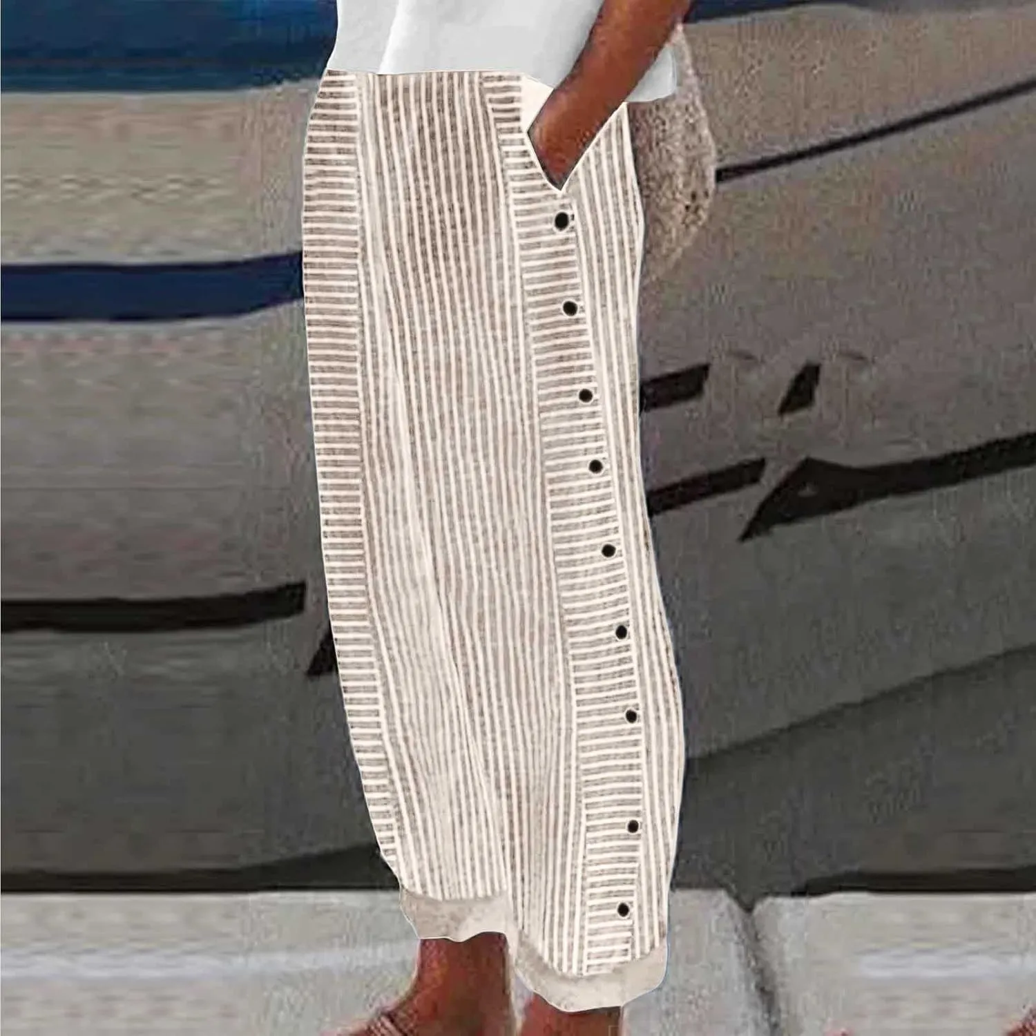 Women's Casual Pants Striped Side Button Elastic Waist Trendy Pants Straight Leg Baggy Trousers with Pockets
