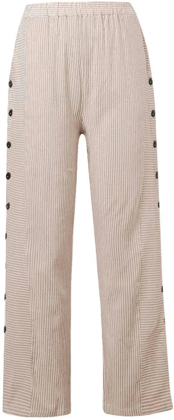 Women's Casual Pants Striped Side Button Elastic Waist Trendy Pants Straight Leg Baggy Trousers with Pockets