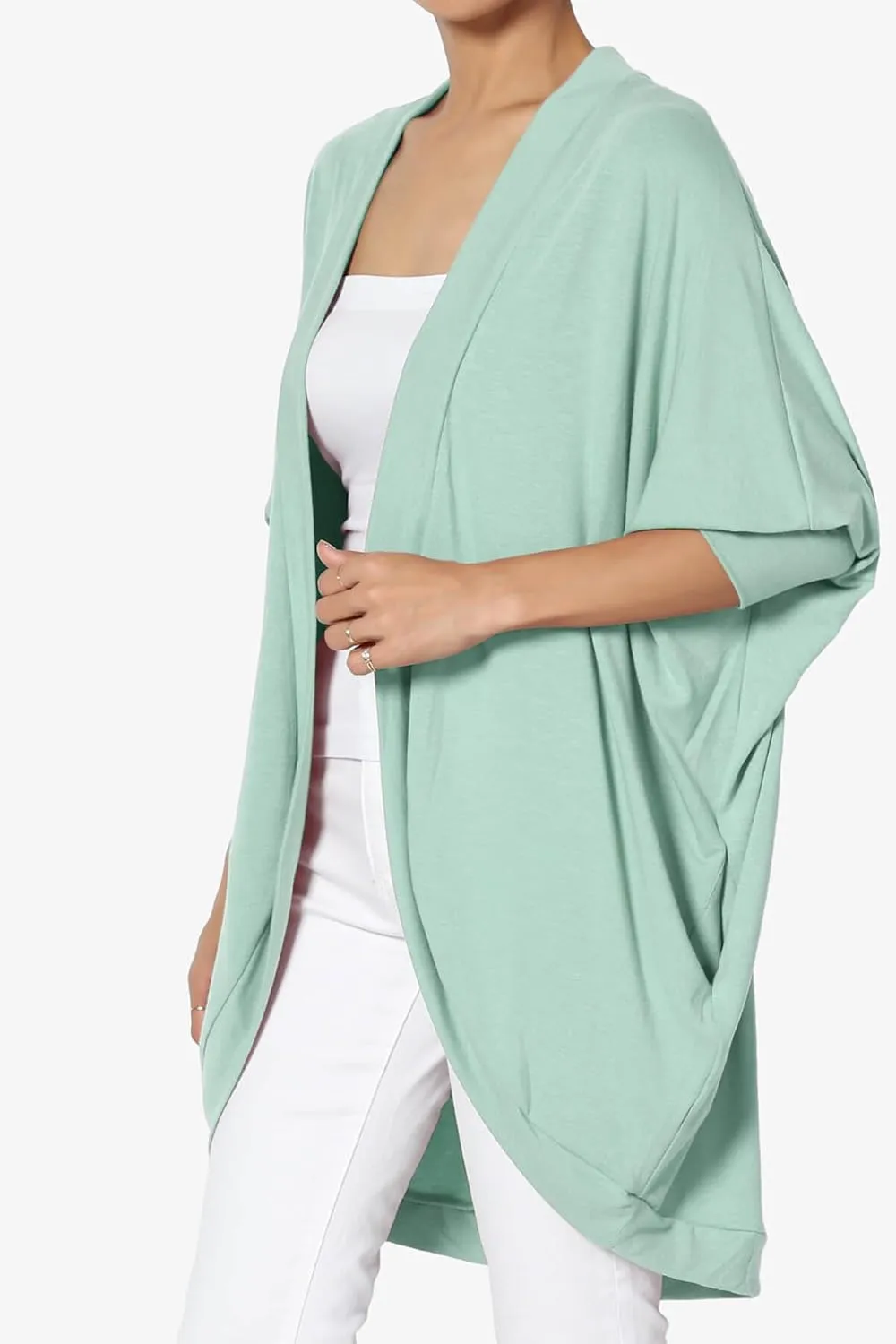 Women's Cocoon Draped Jersey Knit 3/4 Sleeve Oversized Open Front Cardigan