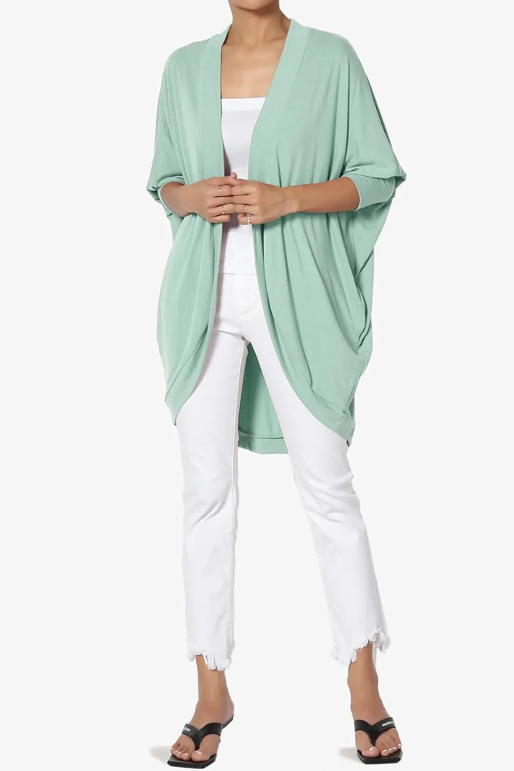 Women's Cocoon Draped Jersey Knit 3/4 Sleeve Oversized Open Front Cardigan