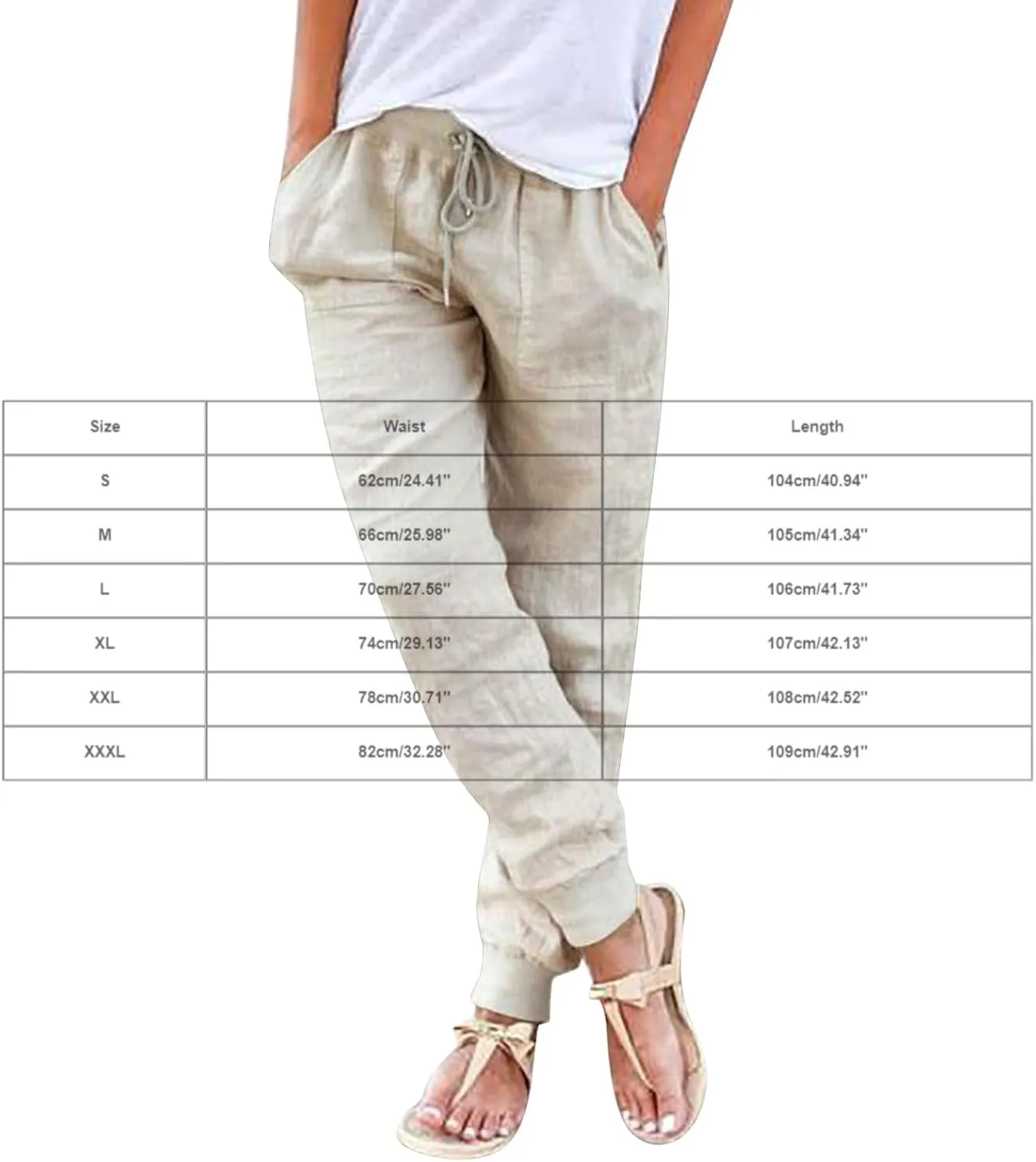Womens Cotton Linen Drawstring Tapered Pants Summer Lightweight Loose Fit Pants for Women with Elastic Waistband