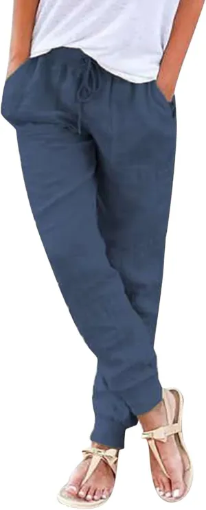 Womens Cotton Linen Drawstring Tapered Pants Summer Lightweight Loose Fit Pants for Women with Elastic Waistband