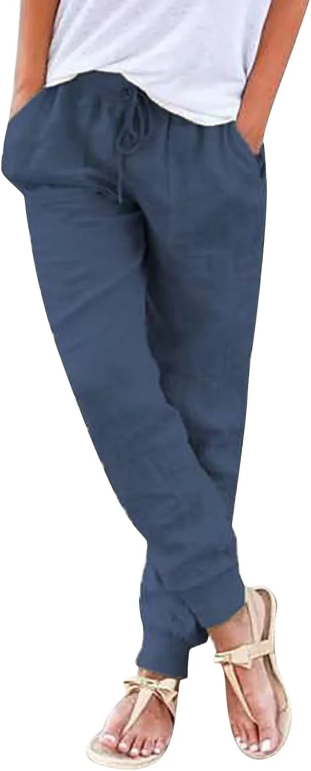 Womens Cotton Linen Drawstring Tapered Pants Summer Lightweight Loose Fit Pants for Women with Elastic Waistband
