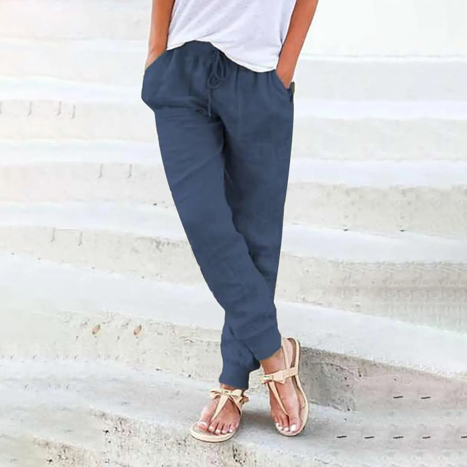Womens Cotton Linen Pants Summer Drawstring Elastic Waist Pant Casual Linen Tapered Pants with Pockets