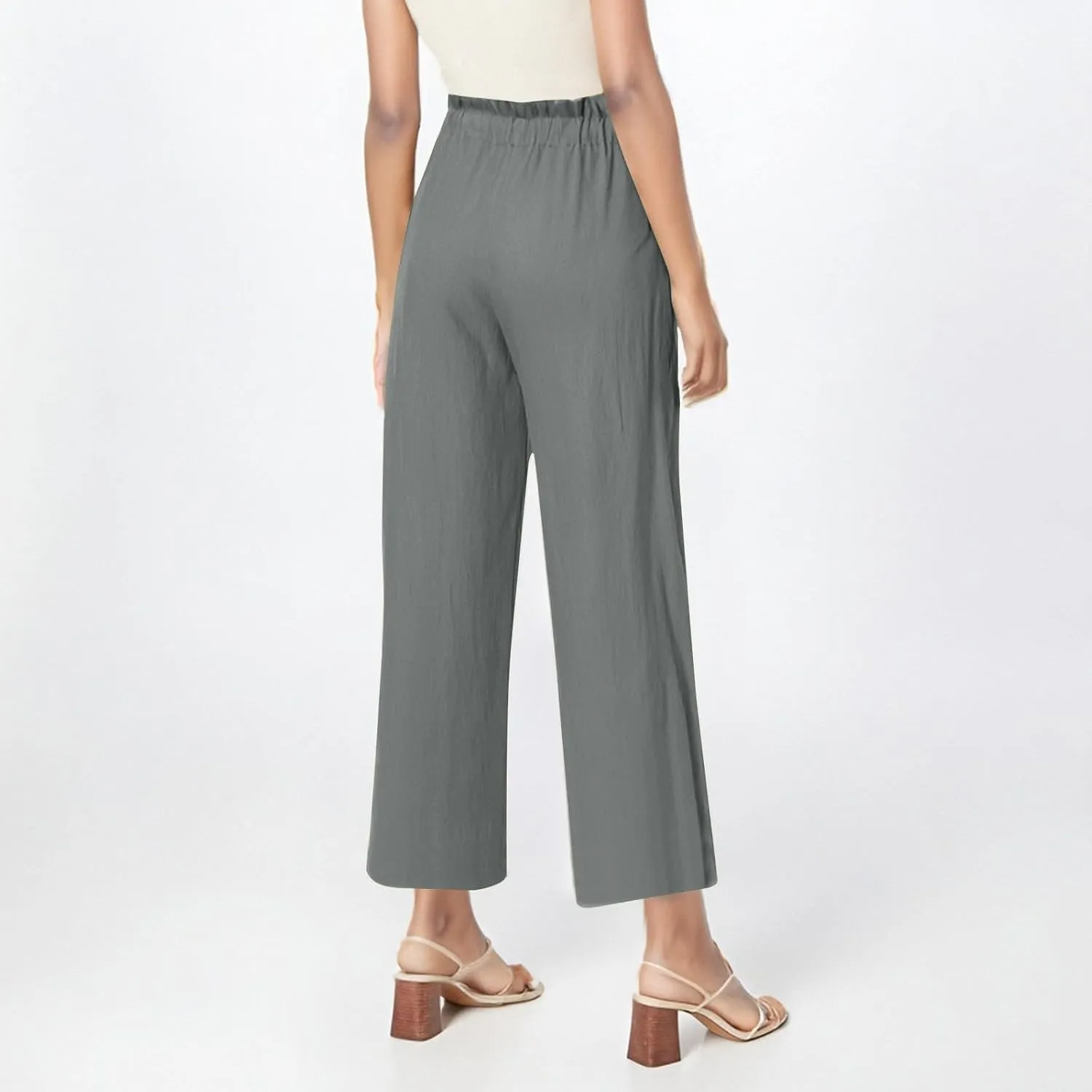 Womens Linen Pants 2025 High Waist Elastic Straight Leg Pant Casual Loose Lightweight Summer Beach Trousers