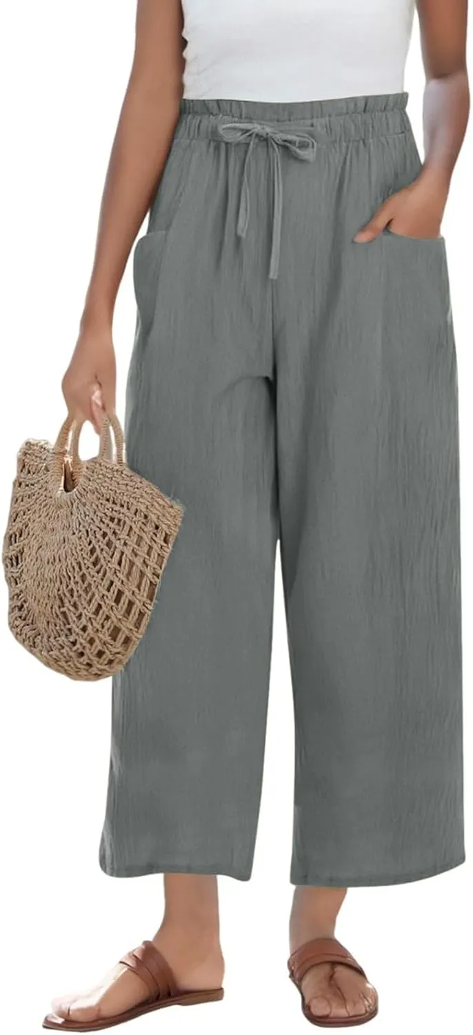 Womens Linen Pants 2025 High Waist Elastic Straight Leg Pant Casual Loose Lightweight Summer Beach Trousers