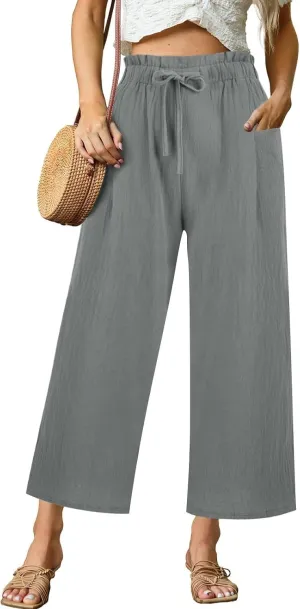 Womens Linen Pants 2025 High Waist Elastic Straight Leg Pant Casual Loose Lightweight Summer Beach Trousers