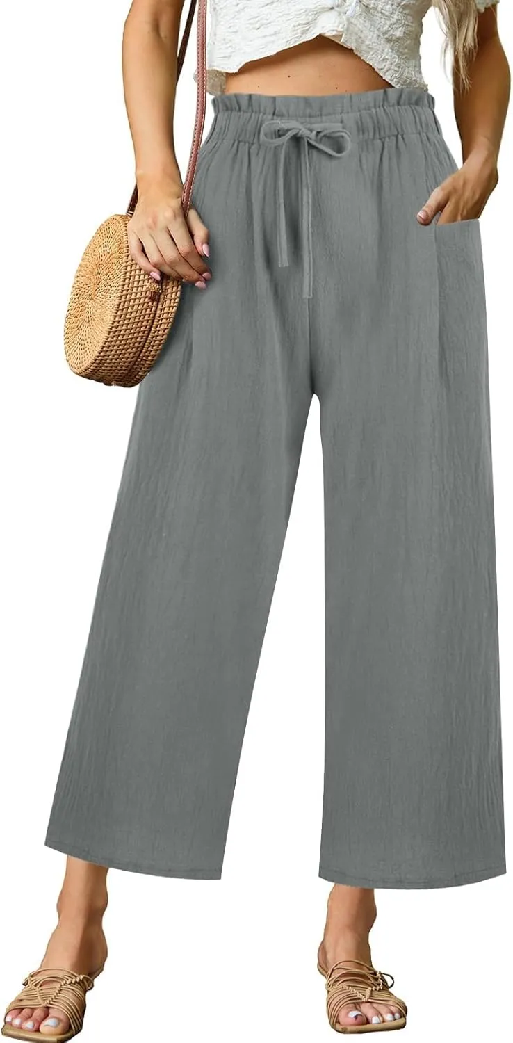 Womens Linen Pants 2025 High Waist Elastic Straight Leg Pant Casual Loose Lightweight Summer Beach Trousers