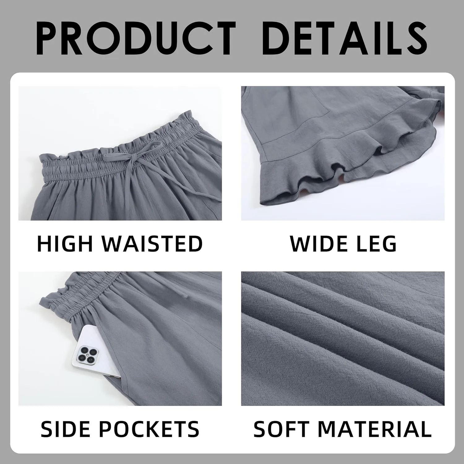 Womens Linen Shorts Summer Casual High Wasited Ruffle Wide Leg Drawstring Beach Loose Shorts