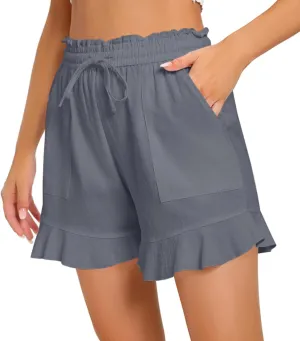 Womens Linen Shorts Summer Casual High Wasited Ruffle Wide Leg Drawstring Beach Loose Shorts